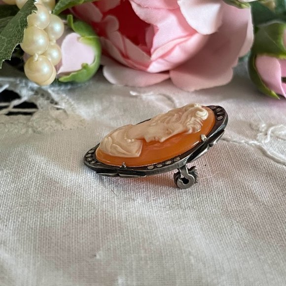 Romantic Carved Shell Cameo Brooch, Silver and Marcasite Frame, Vintage Jewelry - Picture 3 of 11